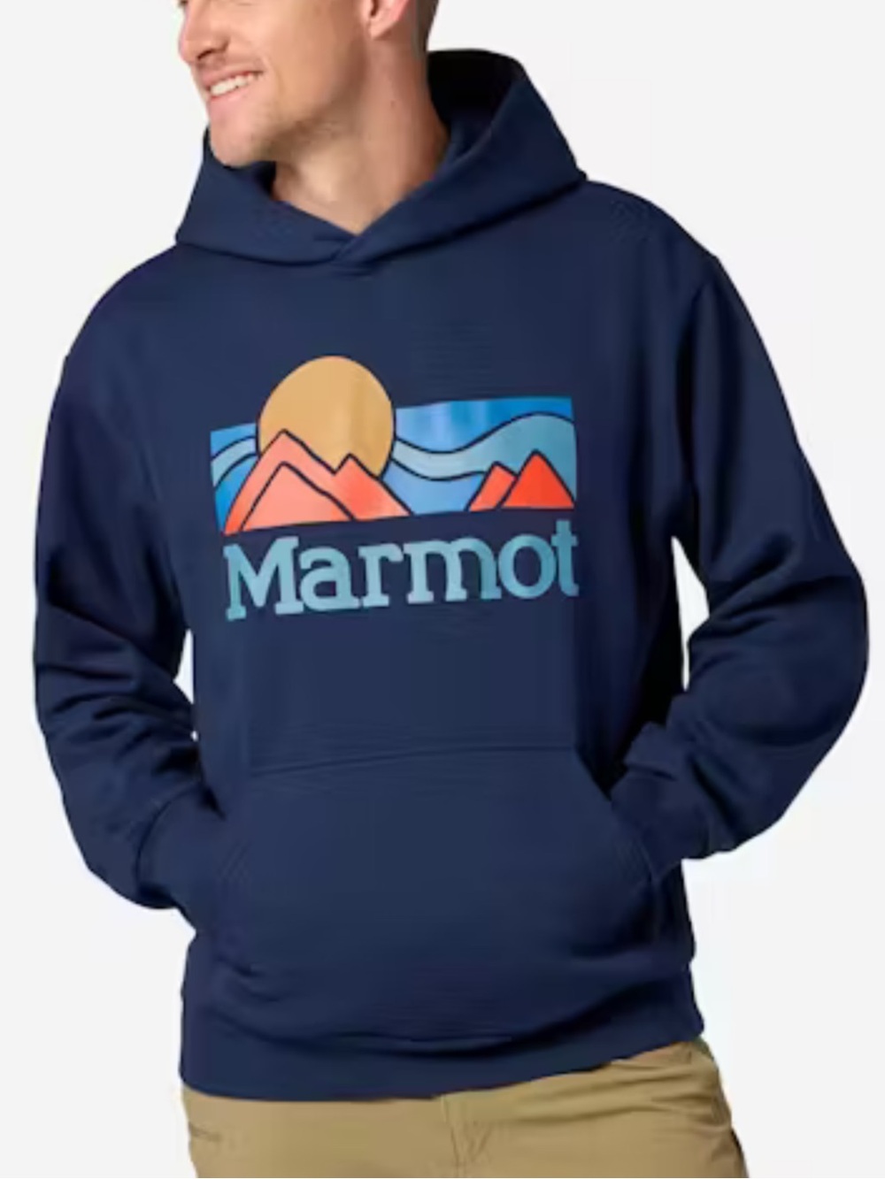 Marmot Navy Hoodie with Multicolor Mountain Graphic